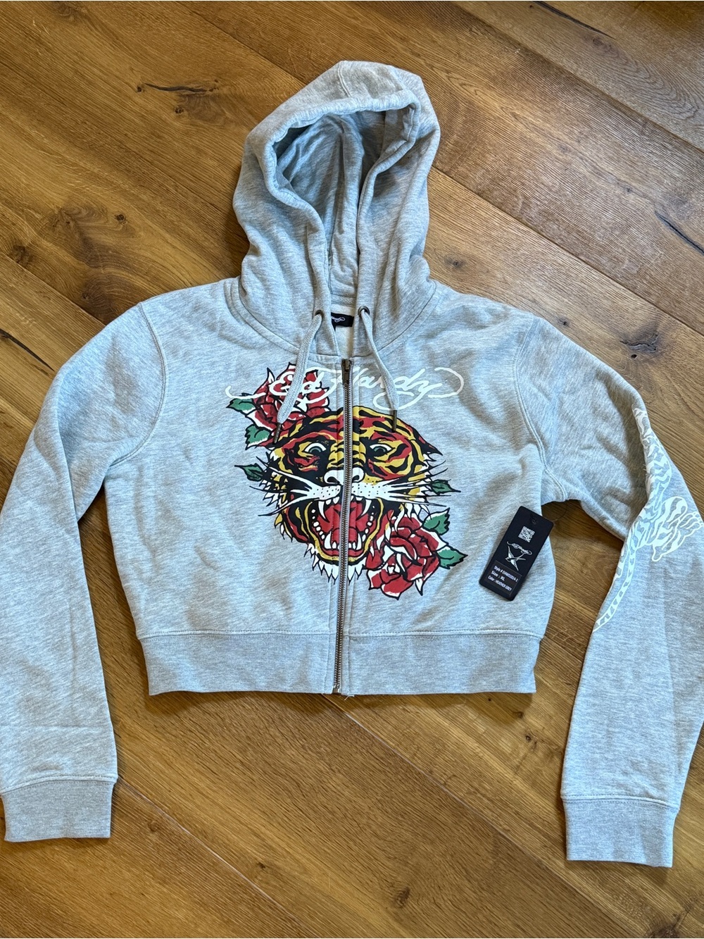 NWT Ed Hardy Heather Gray Cropped Zip Hoodie with Tiger & Rose Motif
